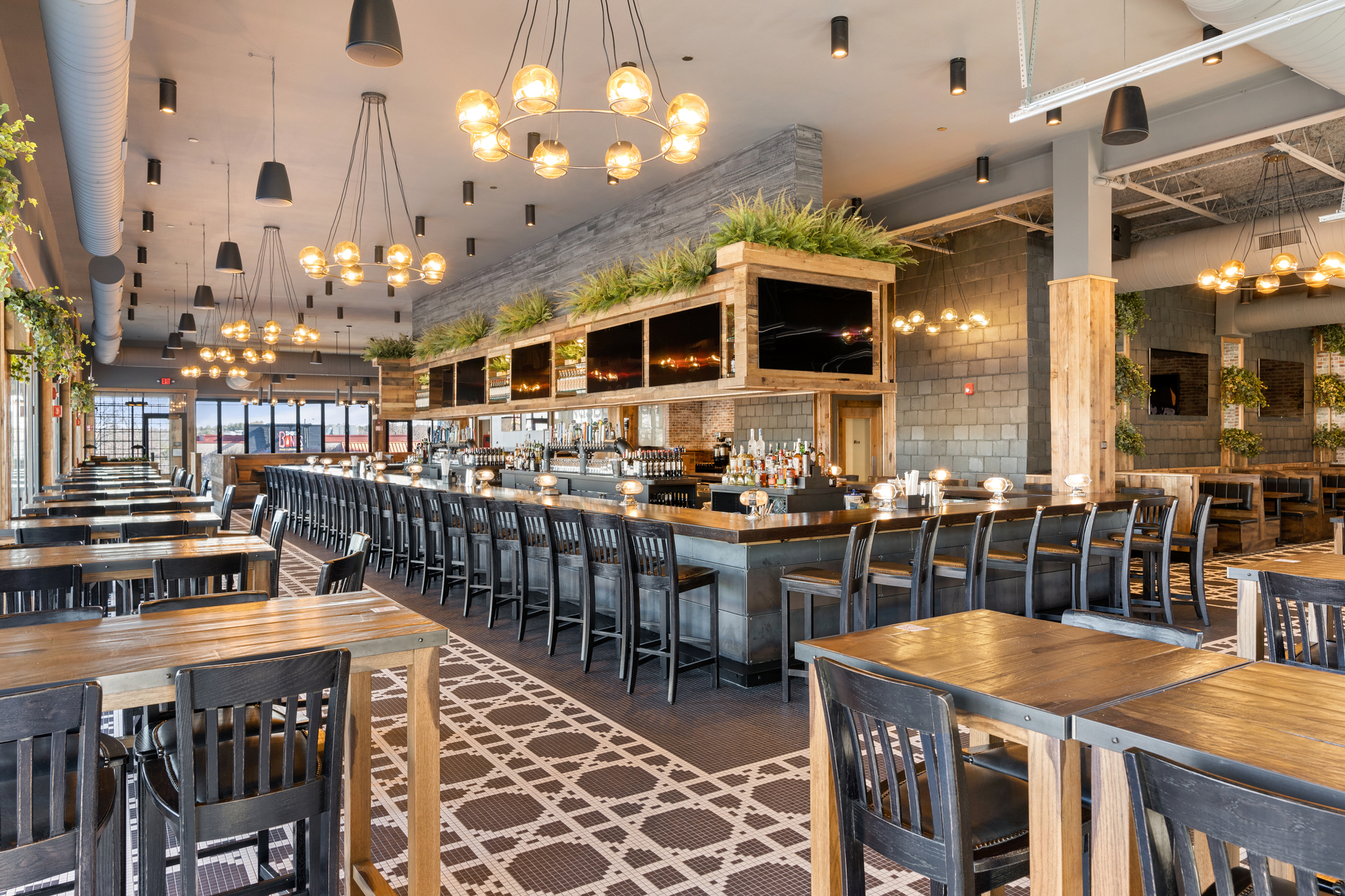 A spacious modern American Tavern with wooden tables, black chairs, a long central bar, multiple hanging lights, and greenery above shelves and walls creates an inviting Bar & Restaurant atmosphere.